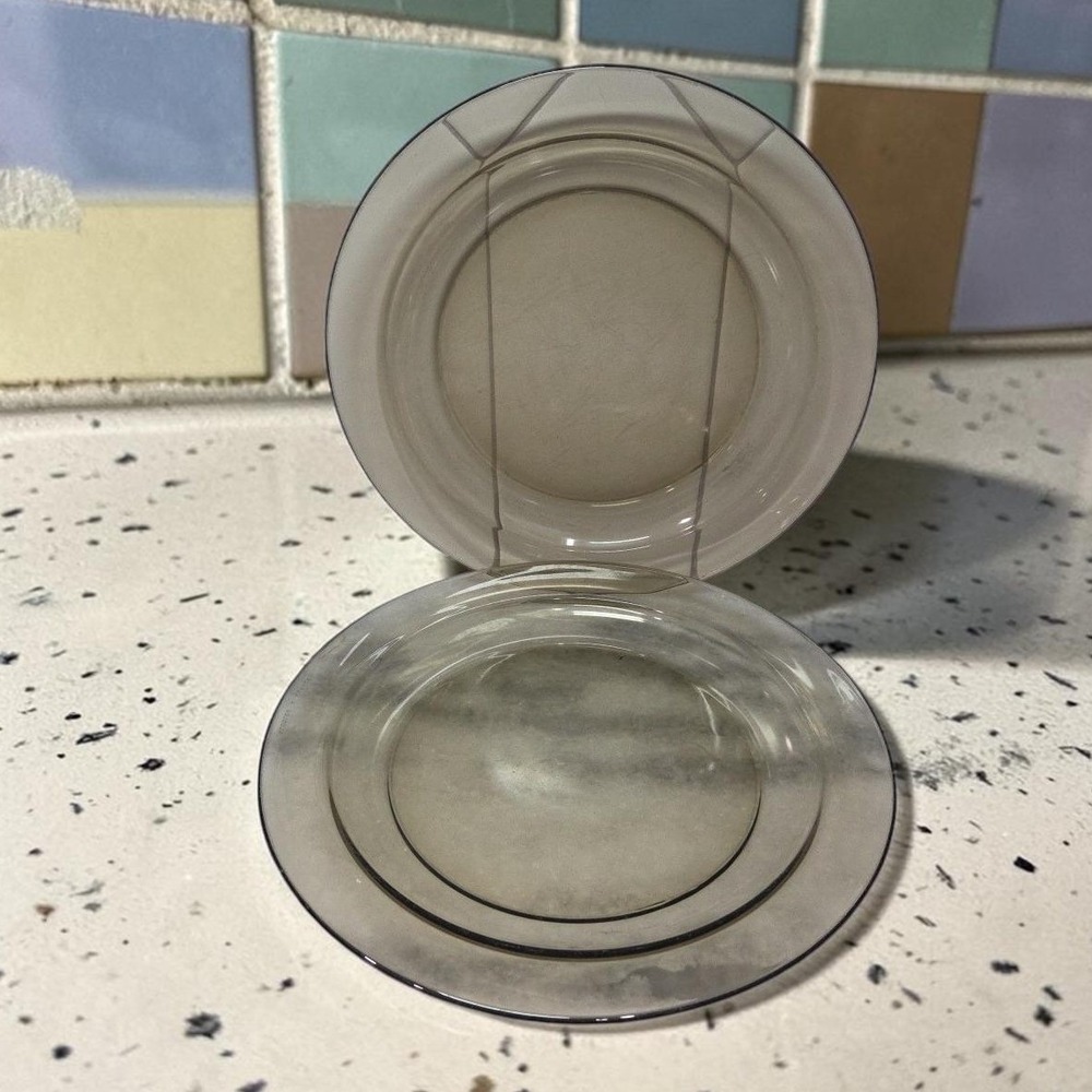 Arcoroc Smoke Gray Lunch Plates, Set Of 2, Vintage Glass Dinnerware, Tableware